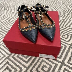 Valentino Garavani Navy Flats with Gold Studs